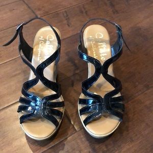 Black patent leather platform wedge sandals
